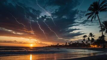A dramatic sunset at the beach, illuminated by lightning and surrounded by palm trees. photo
