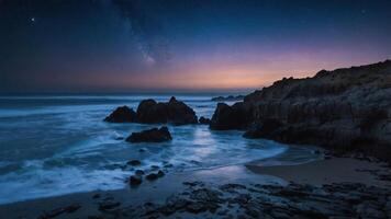 A serene coastal landscape at twilight, featuring rocky formations and a starry sky. photo