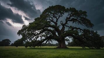 A majestic tree stands alone in a field under a dramatic sky, showcasing nature's beauty and resilience. photo