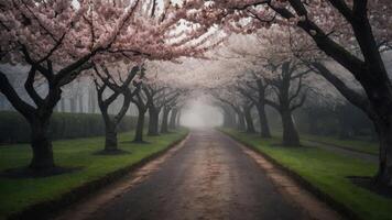 A serene path lined with cherry blossom trees, shrouded in fog, creating a tranquil atmosphere. photo