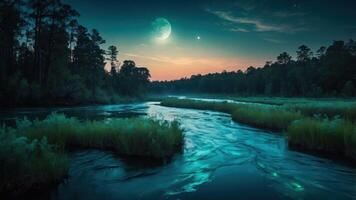 A serene river scene under a starry sky with a large moon and distant planets, evoking tranquility. photo
