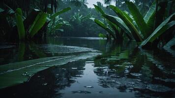 A serene rainforest scene with rain falling on a calm water surface, surrounded by lush greenery. photo