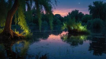 A serene twilight scene over a calm water body, illuminated by soft lights on lush greenery. photo