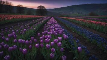 A vibrant field of tulips in various colors under a twilight sky, showcasing nature's beauty. photo