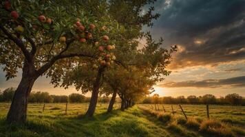 A serene sunset over an apple orchard, highlighting trees laden with fruit and a peaceful grassy path. photo