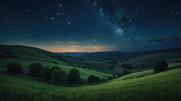 A serene night landscape featuring rolling hills under a starry sky and the Milky Way. photo