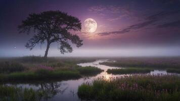 Serene landscape featuring a moonlit scene with a tree, river, and fog over blooming flowers. photo