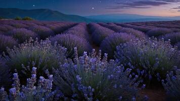 A serene lavender field at dusk, showcasing rows of vibrant purple flowers under a starry sky. photo