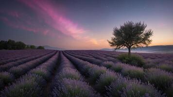A serene lavender field at dusk, with a solitary tree under a colorful sky. photo