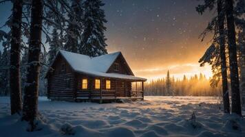 A cozy cabin in a snowy landscape at sunset, creating a serene winter atmosphere. photo