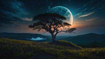 A serene landscape featuring a solitary tree against a large moon and twilight sky. photo