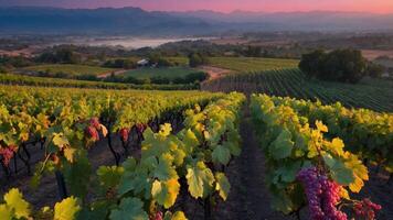 A scenic view of a vineyard at sunrise, showcasing rows of grapevines and mountains in the background. photo