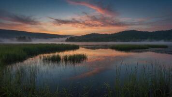 A serene lake at dawn, reflecting colorful clouds and surrounded by misty hills and lush greenery. photo