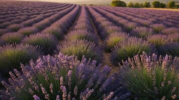 A scenic view of a lavender field in rows, showcasing vibrant purple flowers under sunlight. photo