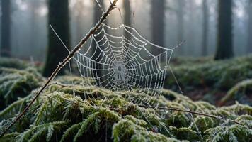 A delicate spider web adorned with dew drops in a misty forest setting. photo