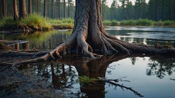 A tranquil scene of a tree's roots reflected in calm water amidst a forest setting. photo