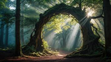 A mystical forest archway with sunlight filtering through lush greenery. photo
