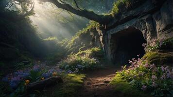 A serene forest scene with sunlight filtering through trees, illuminating vibrant flowers. photo