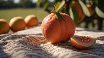 A fresh peach with a slice on a patterned cloth, surrounded by more peaches in a natural setting. photo