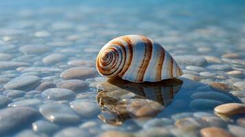 A close-up of a striped shell resting on smooth pebbles by the water's edge. photo