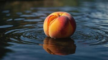 A peach floating on water, creating ripples and reflections. photo