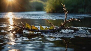 A close-up of a thorny branch with leaves floating on water, illuminated by sunlight. photo