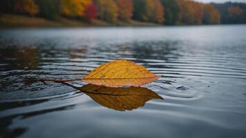 A close-up of a yellow leaf floating on water, reflecting autumn colors in the background. photo