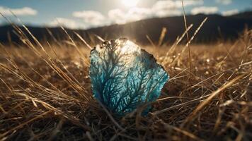 A translucent blue crystal with intricate patterns, illuminated by sunlight in a grassy field. photo