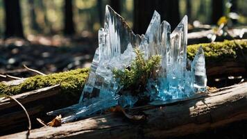 A cluster of crystal-like formations with greenery on a log in a forest setting. photo