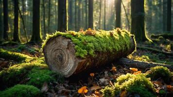 A serene forest scene featuring a moss-covered log surrounded by lush greenery and sunlight. photo