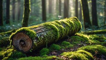 A moss-covered log in a serene forest, illuminated by soft sunlight filtering through trees. photo