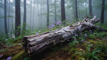 A serene forest scene with a fallen log surrounded by flowers and mist. photo