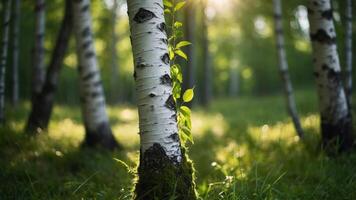 A serene forest scene with birch trees and lush green undergrowth illuminated by sunlight. photo