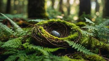 A serene bird's nest with a single stone, surrounded by lush ferns in a forest setting. photo