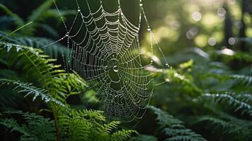 A close-up of a spider web adorned with dew drops among lush green ferns in a forest. photo