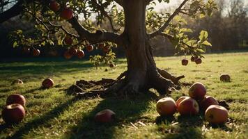 A serene apple tree with fallen apples in a sunlit field. photo