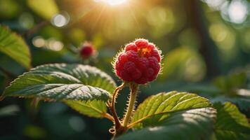 A close-up of a ripe raspberry on a plant, illuminated by sunlight. photo