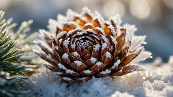 A close-up of a pine cone dusted with snow, set against a blurred winter background. photo