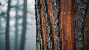 Close-up of a tree trunk with textured bark in a foggy forest setting. photo