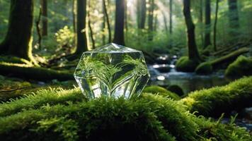A crystal structure sits on moss in a serene forest, reflecting nature's beauty. photo