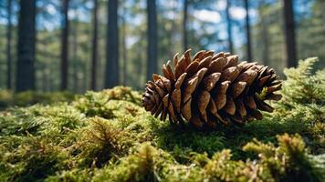 A pine cone resting on moss in a serene forest setting. photo