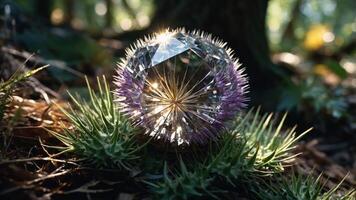 A sparkling crystal orb rests on green grass, illuminated by sunlight in a forest setting. photo