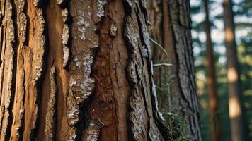Close-up of tree bark showcasing texture and natural patterns in a forest setting. photo