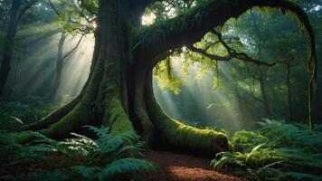 A majestic tree in a misty forest, illuminated by rays of sunlight. photo