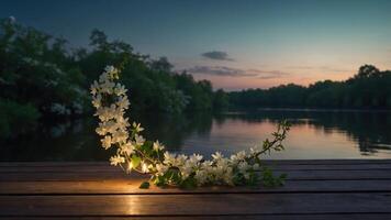 A serene lakeside scene with flowers and candles at dusk. photo
