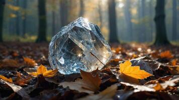 A large, clear crystal rests on autumn leaves in a serene forest setting. photo