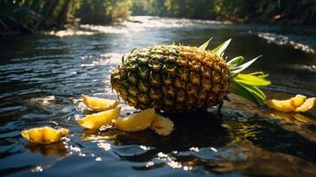 A pineapple rests on the water's surface, surrounded by its discarded pieces. photo