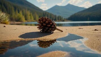 A pine cone rests on sandy shore, reflecting in calm water with mountains in the background. photo