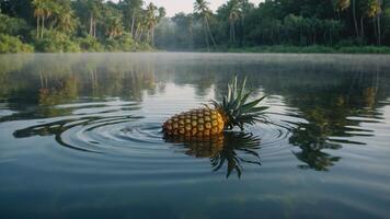 A pineapple floats on calm water amidst lush greenery and misty surroundings. photo