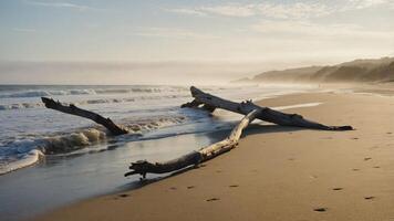 Serene beach scene with driftwood and gentle waves under a soft sunset glow. photo